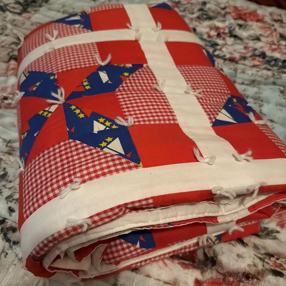 Vintage Estate Handmade Pinwheel Red Blocks Patchwork Quilt 94”x 80”. Beautiful!